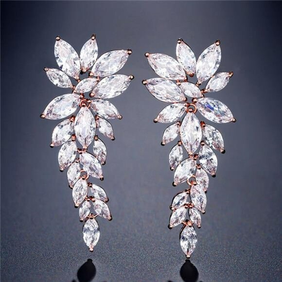Crystal Rhinestone Silver Rose Gold Statement Wedding Bridal Earrings Jewelry - Picture 4 of 5